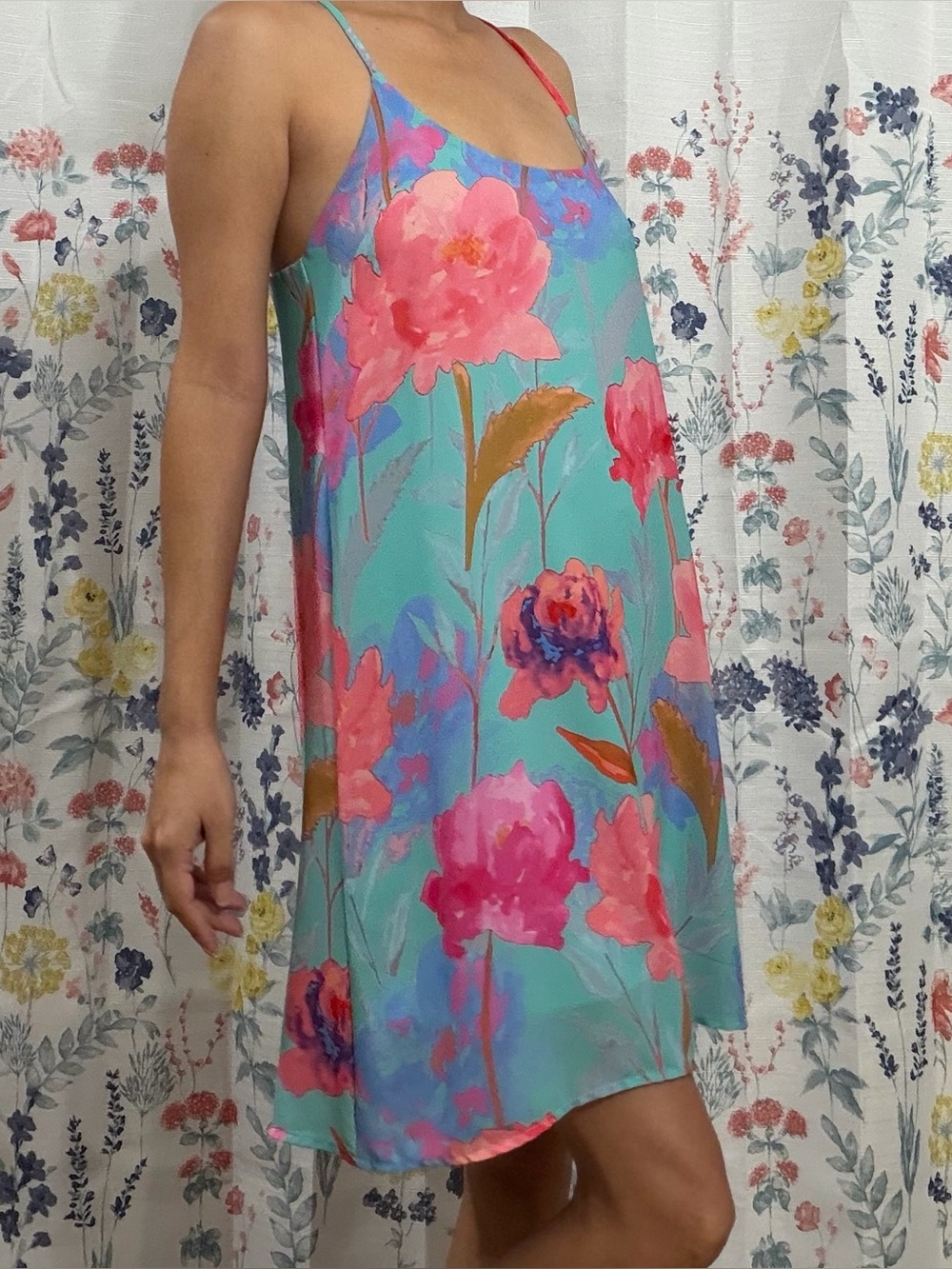 Everly Aqua Slip Dress with Pink Floral Print